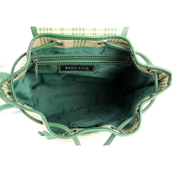 Bean Pole PLAID BEIGE GREEN GENUINE LEATHER FLAP SHOULDER BAG BACKPACK HANDBAG - Picture 12 of 16